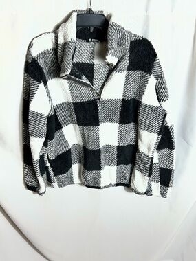 BTFBM Buffalo Plaid Sherpa Pullover Black White 1/4 Zip Pockets XL Cozy